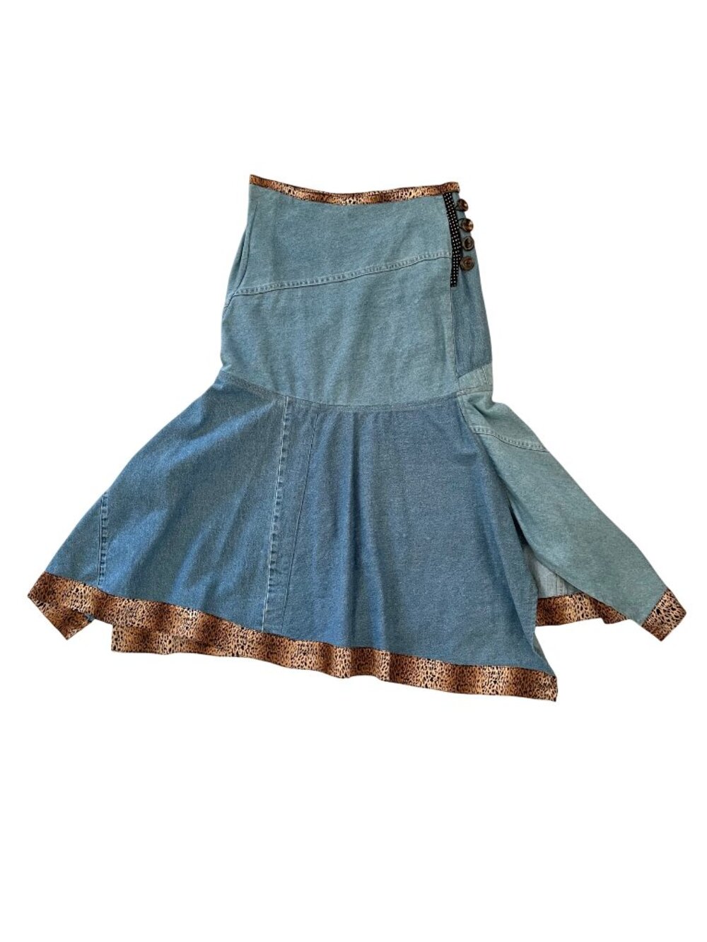 Upcycled One of a Kind Skirt sz 2 Designer Made Denim with Leopard Print Trim